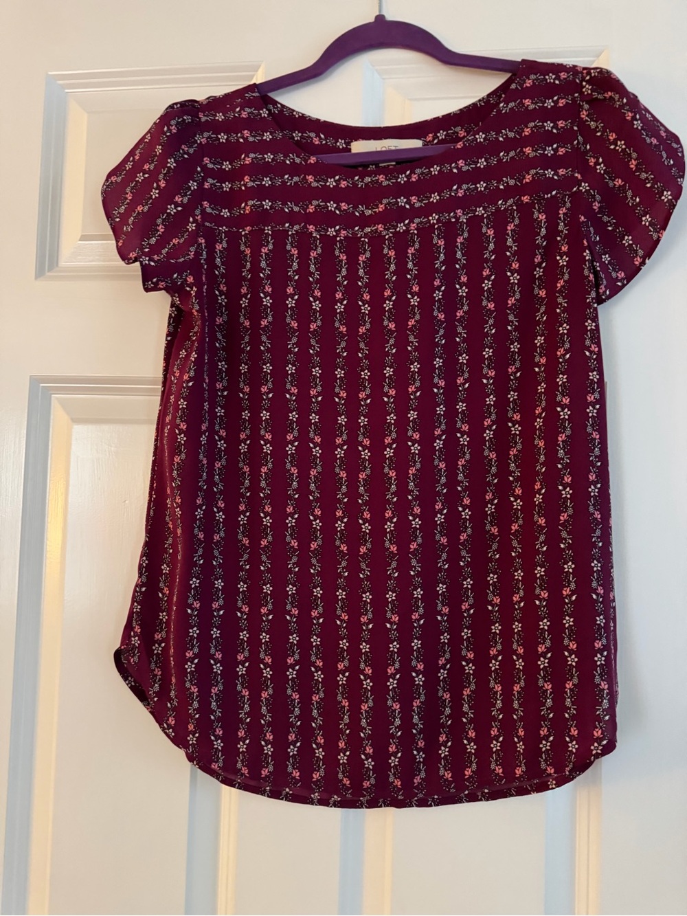 LOFT Burgundy Floral-Stripe Short Sleeve Blouse